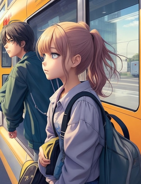 a girl with a backpack on a bus with a man in a blue shirt and a girl with a backpack on the front.