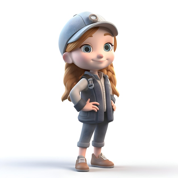 Girl with backpack and cap on a white background 3d rendering