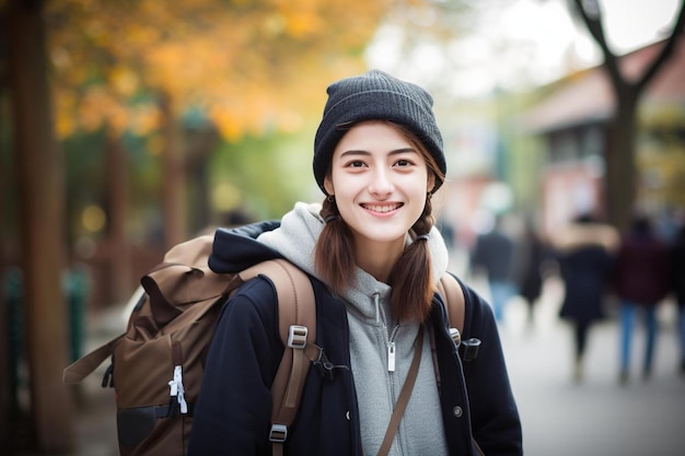 a girl with a backpack on her back is smiling and wearing a hat.