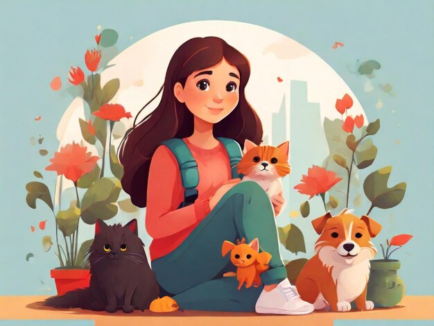 a girl with a backpack and her dogs in a garden