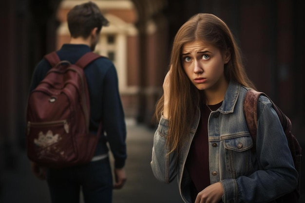 Photo a girl with a backpack on her head is looking at the camera