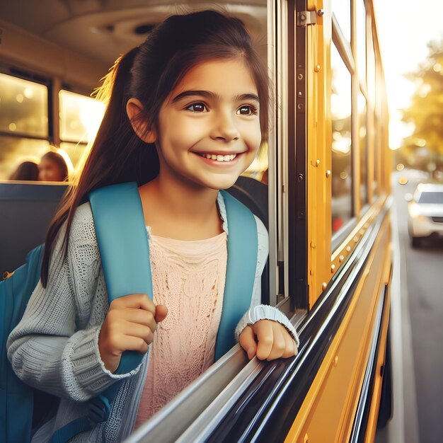 Photo a girl with a backpack is looking out the window of a school bus