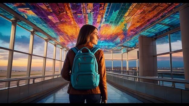 Photo a girl with a backpack is standing in a tunnel with a colorful ceiling