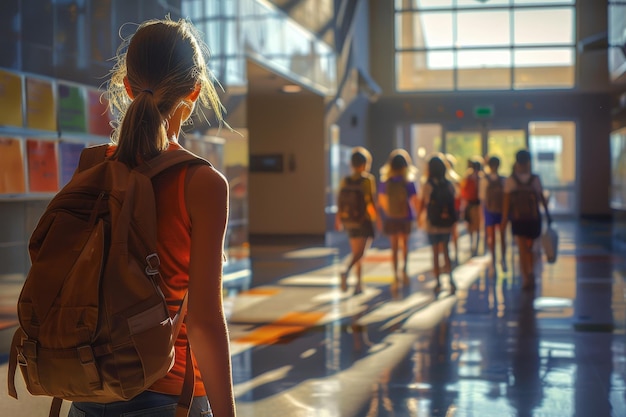 girl with a backpack is walking down a hallway with other students