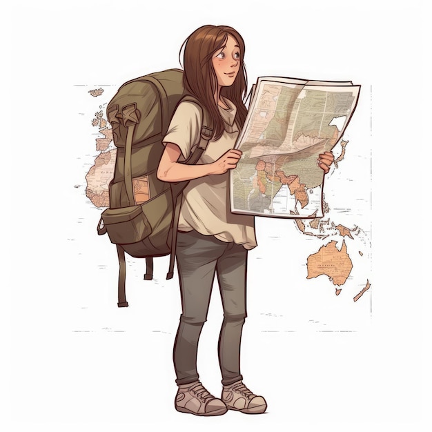 Girl with a backpack and a map cartoon style white background AI generated