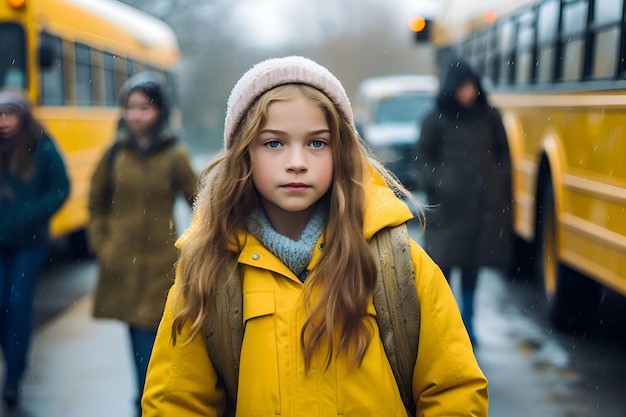 A girl with a backpack near the school bus Generative AI