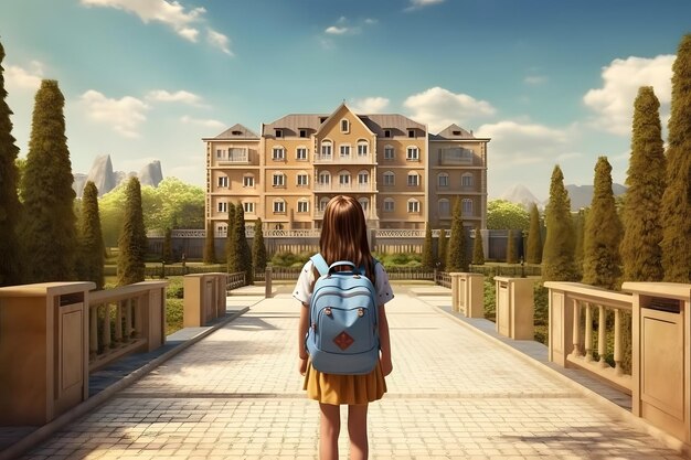 A girl with a backpack standing in front of a school building rear view Neural network generated