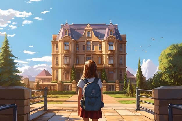 学校の建物の後ろの景色の前に立っているバックパックを持った女の子