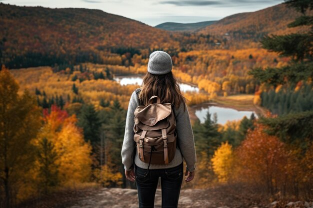 배낭을 멘 소녀가 가을 숲과 호수 배경에 서 있습니다. 배낭을 메고 퀘벡 국립공원을 산책하는 가을 자연 등산객 소녀 AI 생성