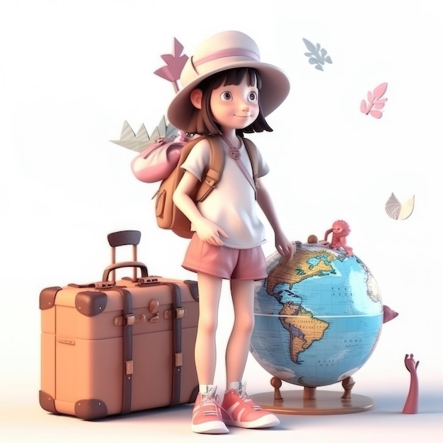 バックパックを背負った女の子が地球儀と地球儀の隣に立っています。