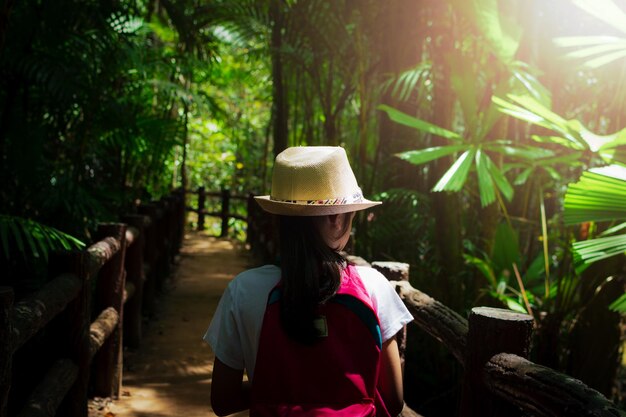 写真 太陽の光の下で熱帯雨林を歩くバックパックを背負った女の子