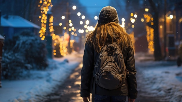 A girl with a backpack walking through nighttime snow viewed from the back