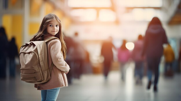 a girl with a backpack walks in a blurry background.