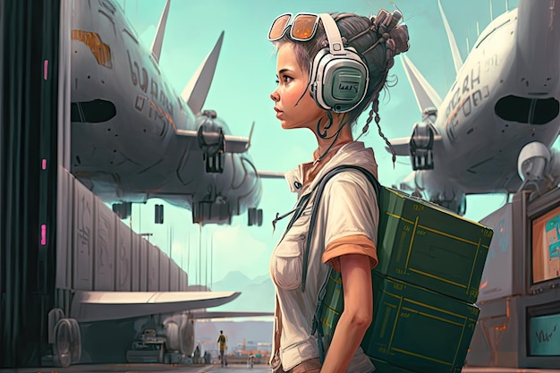 Girl with bag and headset stands at entrance to futuristic cargo port of future created with generat