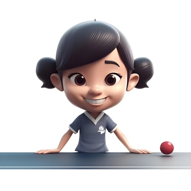 Girl with ball on the table 3D rendering Isolated white background