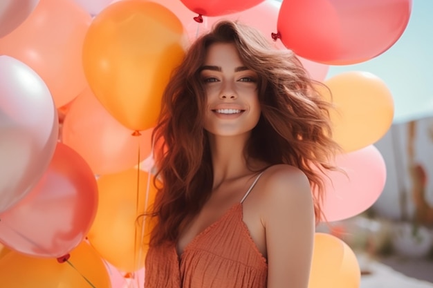 A girl with balloons in her hair stands among many colorful balloons.