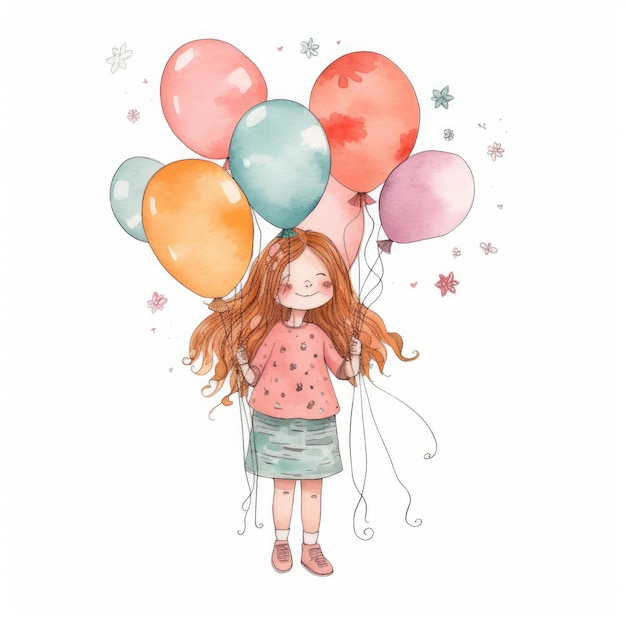 Girl with balloons illustration Illustration AI Generative