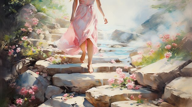 A girl with bare feet walking along a spring path The steps of spring