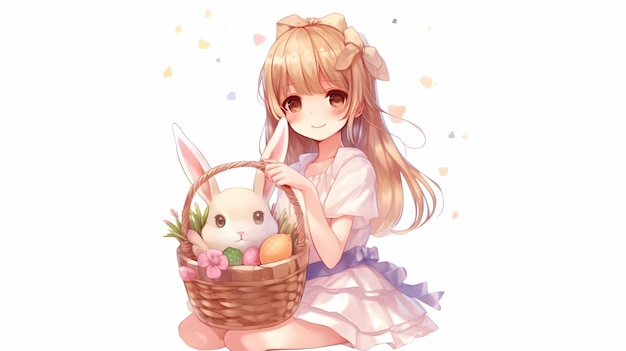 A girl with a basket of easter eggs and a bunny