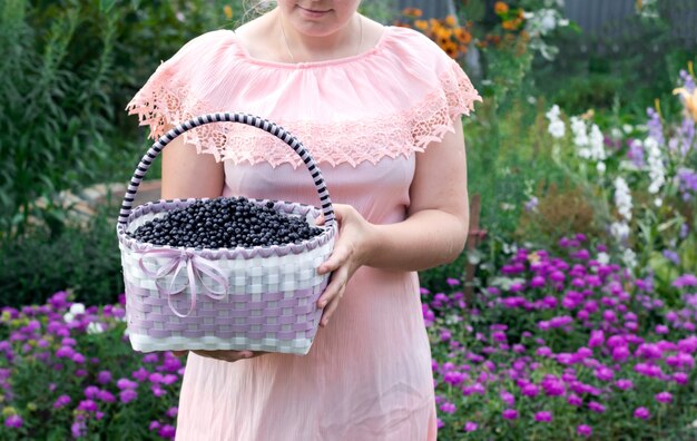 Girl with basket full of blueberries. Summer, harvest of berries.