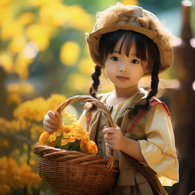 girl with a basket in nature ai generated