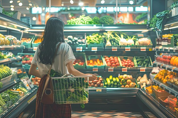 Девушка с корзиной выбирает продукты в овощном отделе супермаркета