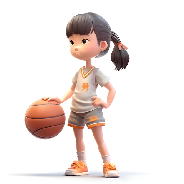 Girl with basketball on a white background 3d rendering image