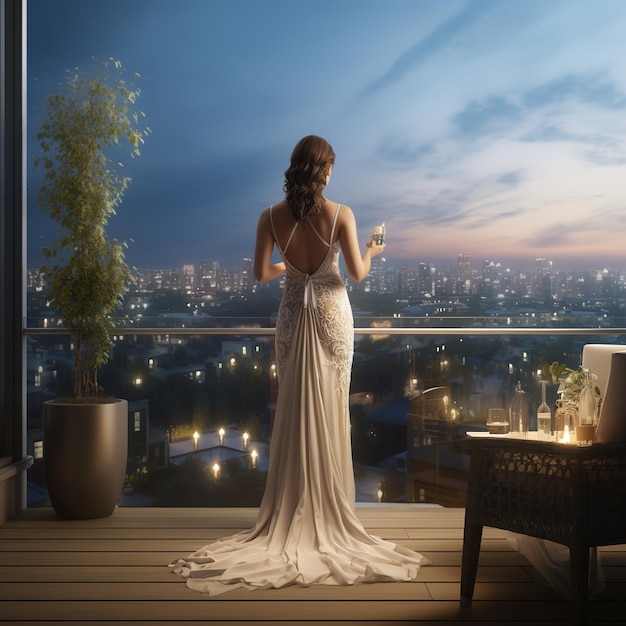 A girl with a beautiful body wearing a luxurious evening gown is looking at the city