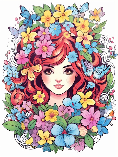 girl with beautiful flowers around illustration