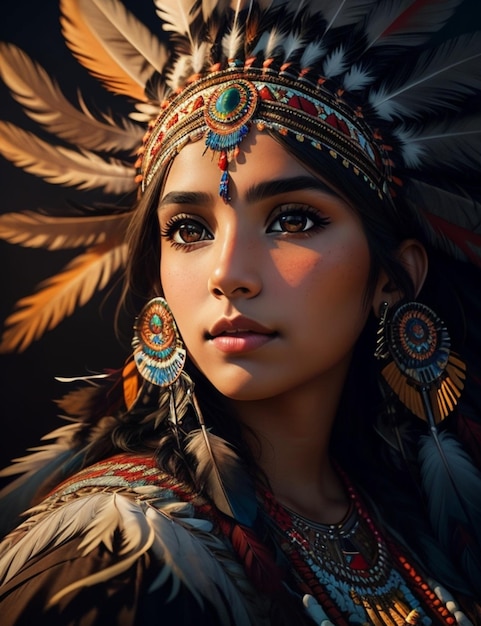 A girl with a beautiful headdress and feathers.