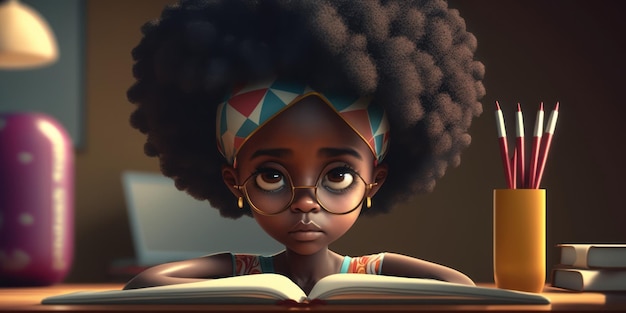 A girl with big hair and glasses sits in front of a book.