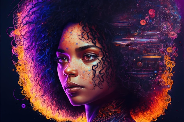 Girl with big hairs colorful alone concept Generative AI