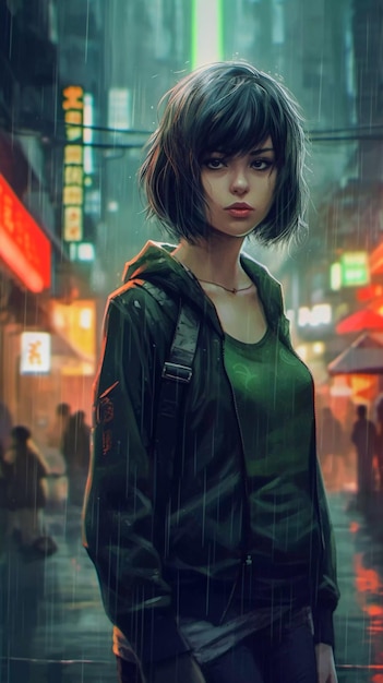 A girl with bixie haircut in the Tokyo street AI Generated