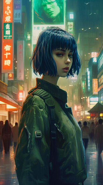 A girl with bixie haircut in the Tokyo street AI Generated