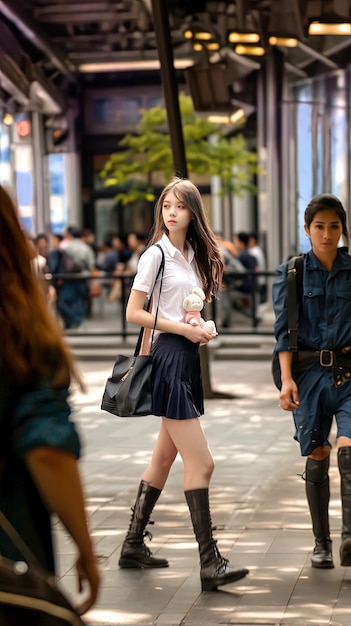 a girl with a black bag is walking down a street.