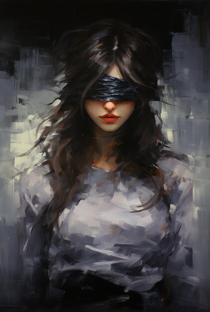 girl with black blindfold isolated on gray and black background