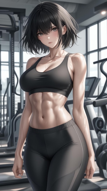 a girl with a black bra on her body is standing in front of a gym