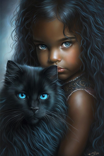 A girl with a black cat and a black cat