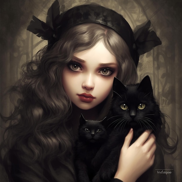 a girl with a black cat and a black cat