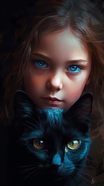 A girl with a black cat