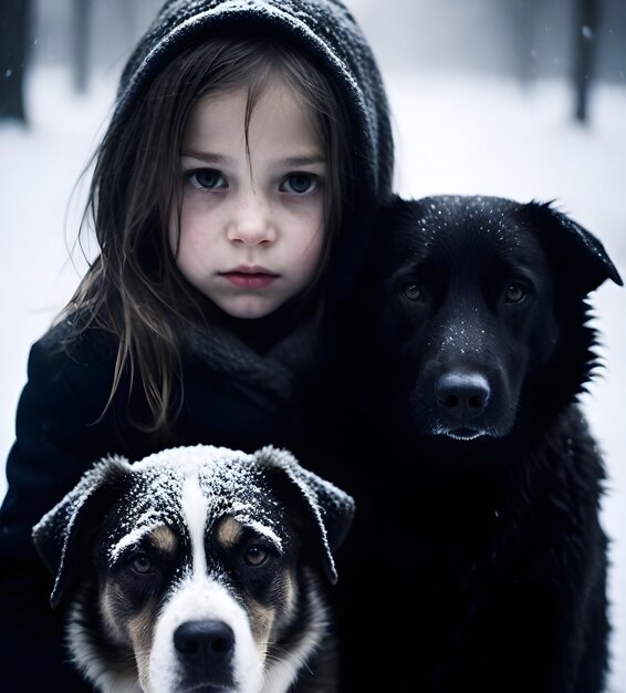 a girl with a black dog and three dogs in the snow