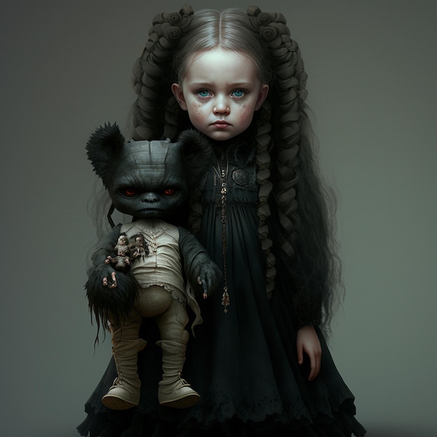 A girl with a black dress and a black skirt holds a stuffed animal.