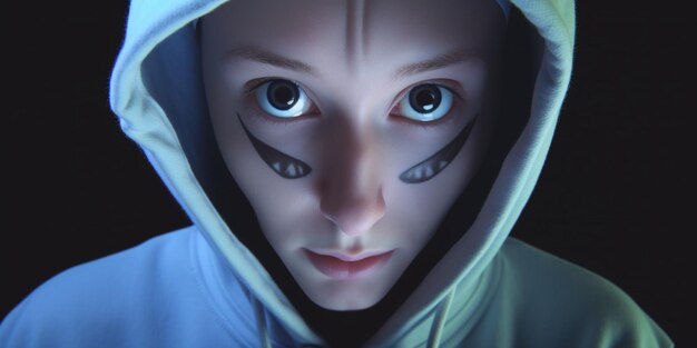 A girl with black eyes and a white hoodie with the word black on it.