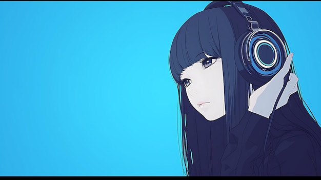 Photo a girl with black hair is wearing headphones and a blue background with a picture of a girl with hea