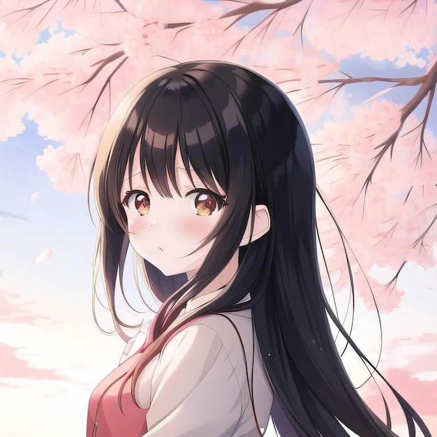 A girl with black hair and a pink dress stands in front of a pink background with the words " sakura " on the front.