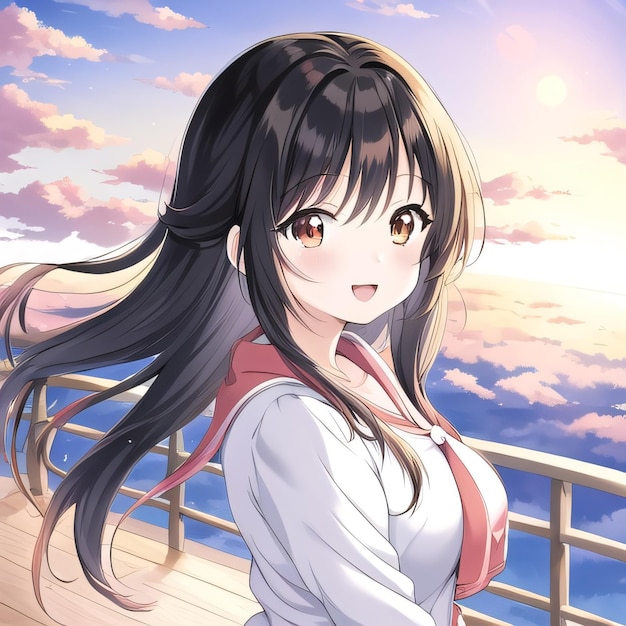 A girl with black hair and a pink scarf stands on a pier looking out at the ocean.