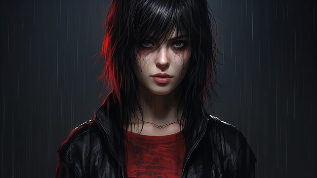 a girl with black hair and red eyes standing in the rain