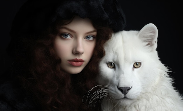 A girl with black hair with a big white cat real of sence