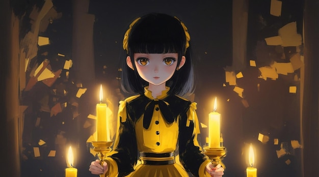 A girl with a black hair and a yellow dress stands in front of a dark background with candles by Generative AI