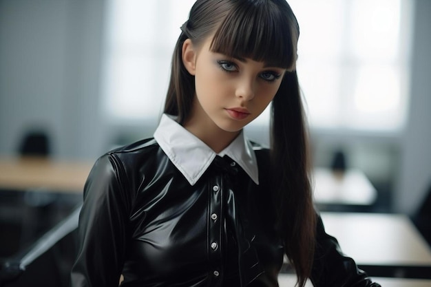 a girl with a black jacket and white collar